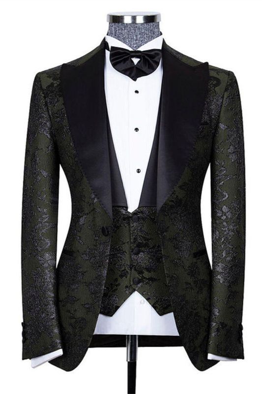 Nathanael Handsome Black Three-Piece Jacquard Point Lapel Wedding Groom Suit