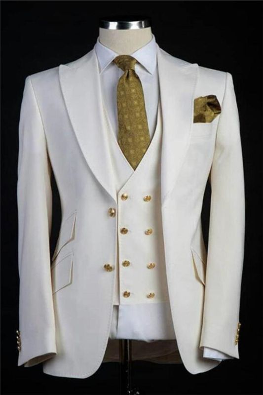 White Wedding Groom Suit | Mens Custom Gold Button Tuxedo 3 Piece