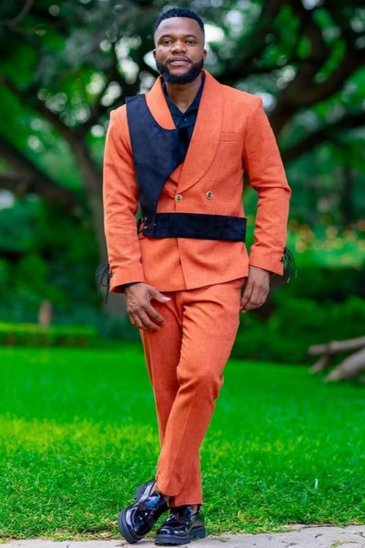 Brady Modern Orange Shawl Lapel Double Breasted Two Piece Prom Suits With Navy Sash