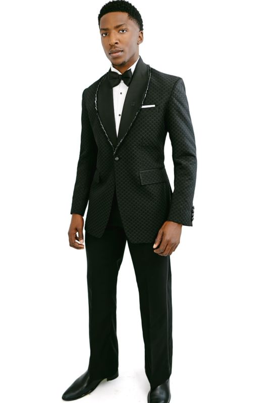 Jason Modern Slim Black Plaid Shawl Lapel Beading Two Pieces Prom Suits