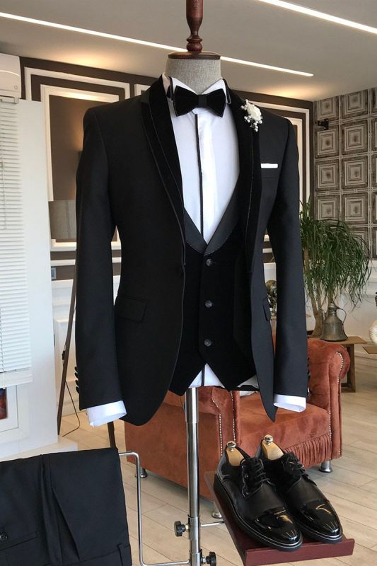 Derrick Classic Three Piece Black Shawl Lapel Slim Fit Groom Wedding Tuxedo