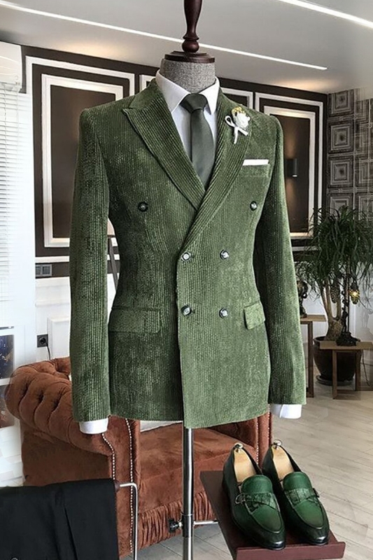 Wonderful Dark Green Stripe Peaked Lapel Double Breasted Prom Suits