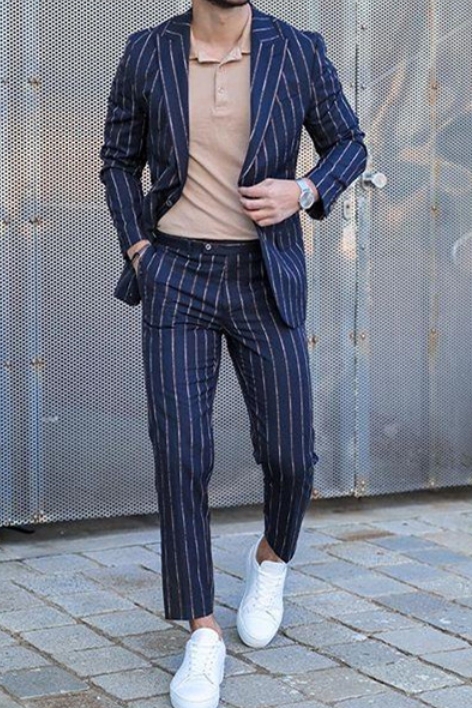 Dorian Dark Nay Striped Point Collar Handsome Mens Suit