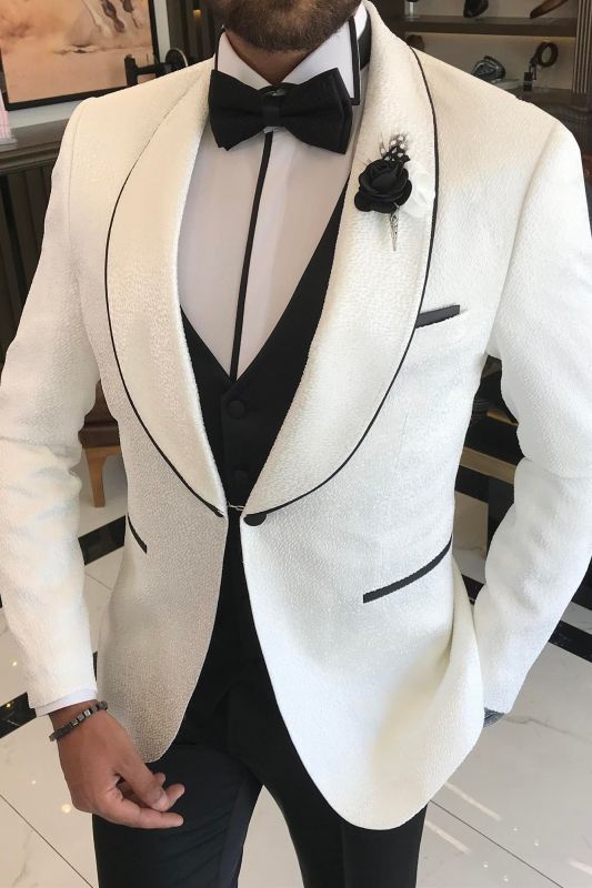 Men White Textured Shawl Lapel Tuxedo 3 Piece Set Black Trim Wedding Suit With Vest & Pants