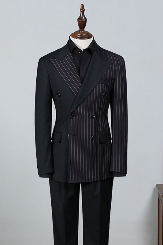 Beacher Formal Black Striped Point Lapel Double Breasted Tailored Business Suit