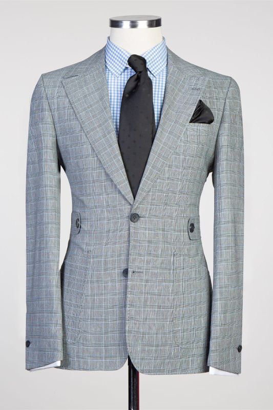 Light Gray Plaid Two-Piece Fitted Men's Suit