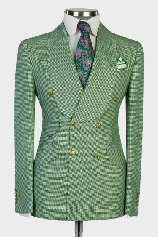 Brady Jam Green Shawl Lapel Double Breasted Plaid Mens Two Pieces Prom Suits