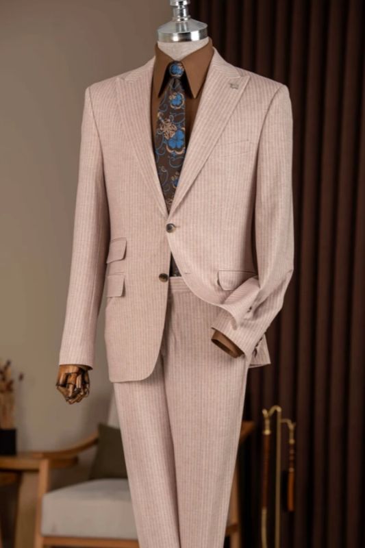 Men Khaki Pinstripe Single Breasted Two Piece Suit Custom Spring Wedding Business Blazer Trousers Set