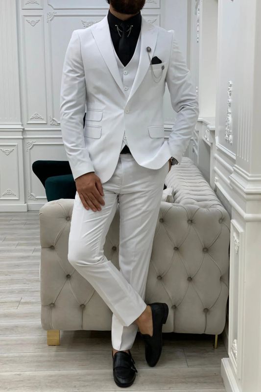 White Slim Fit Wool Blended One Button Men's Groom Three Piece Suit