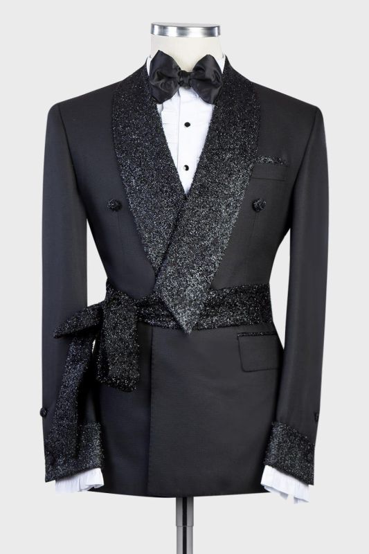 Brady Sparkling Shawl Lapel Double Breasted Black Two Piece Wedding Suit with Belt
