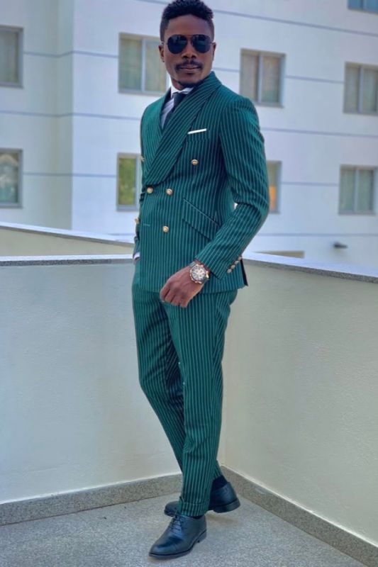 Stylish Turquoise Shawl Lapel Double Breasted Striped Prom Suits