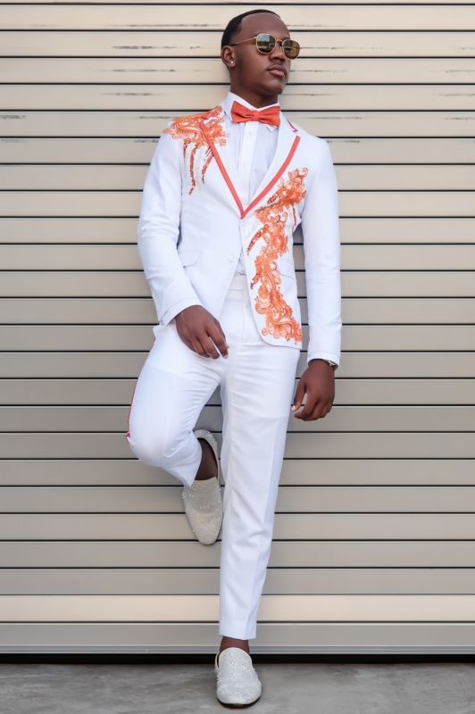 Brady Fancy White Notched Lapel Appliques Two Pieces Prom Suits