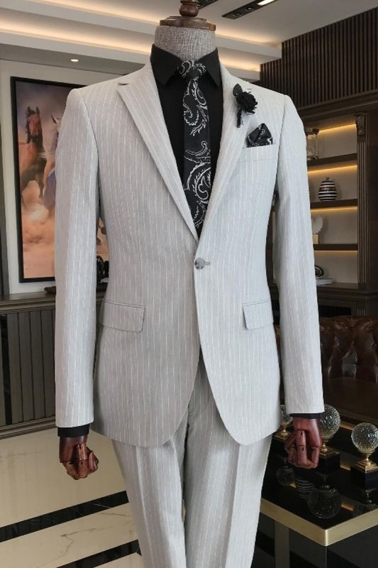 Off White Notched Lapel Men Striped Prom Two Piece Suit