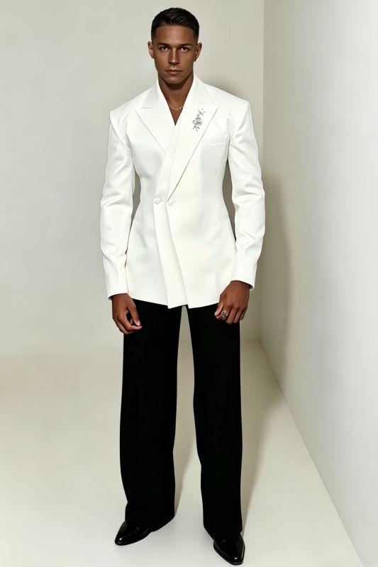 White Double Breasted Blazer With Silver Floral Rhinestone Brooch Custom Suit Wide Leg Black Trousers For Wedding Prom Gala