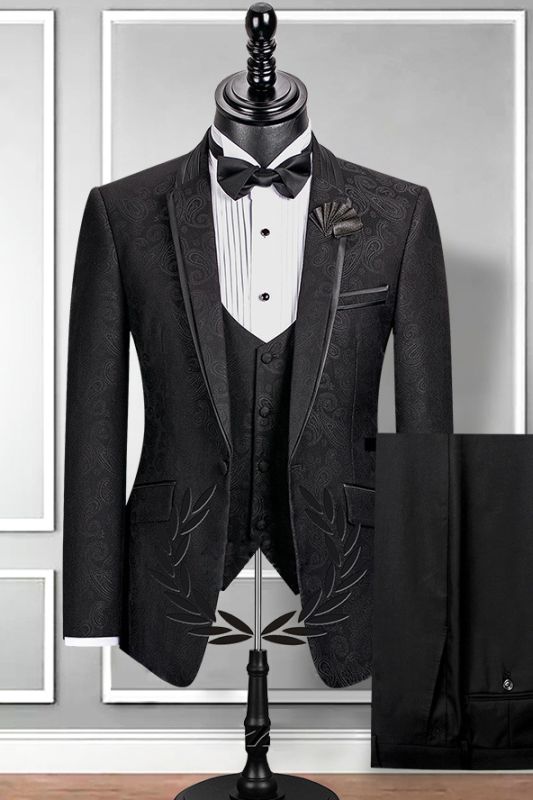 Notch Lapel Black Groom Suit | Slim Fit Jacquard Wedding Tuxedo