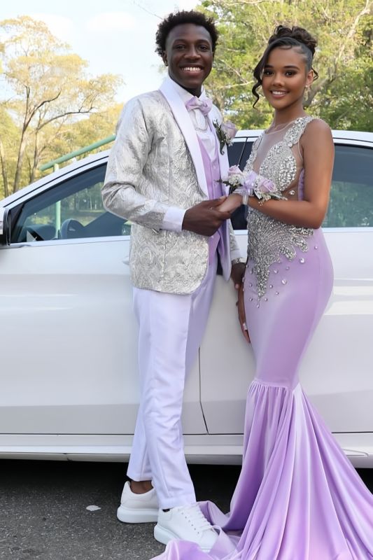 Kerr Handsome Silver Jacquard Shawl Lapel Two Pieces Prom Suits