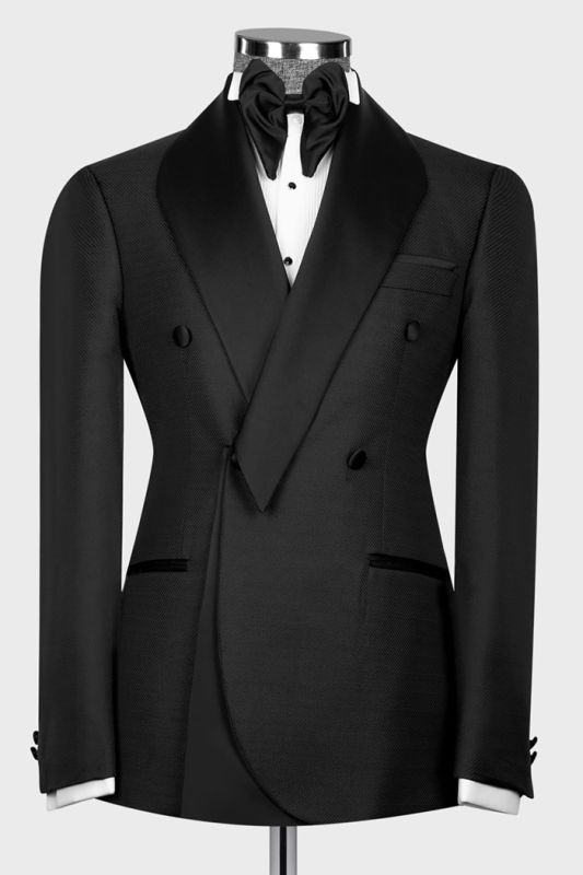 Black Shawl Lapel Double Breasted Wool Linen Blend Two Pieces Wedding Suits