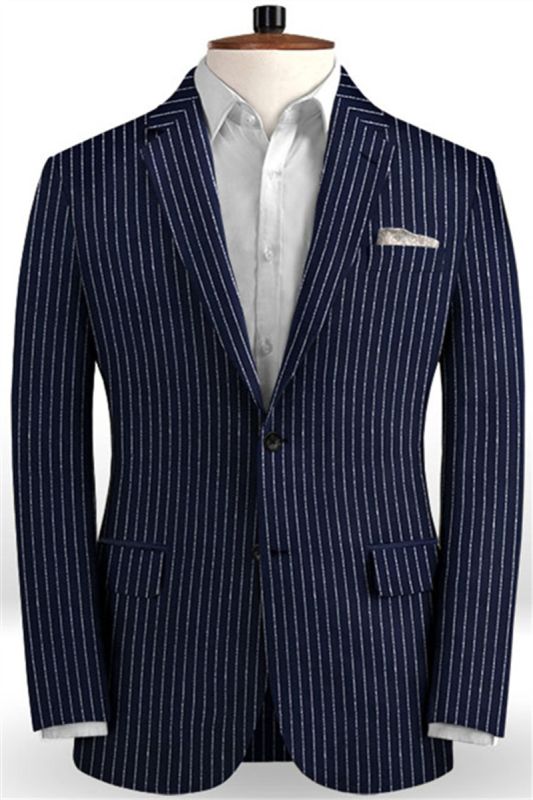 Dark Blue Linen Formal Tuxedo | Business Striped Two Piece Men Suit