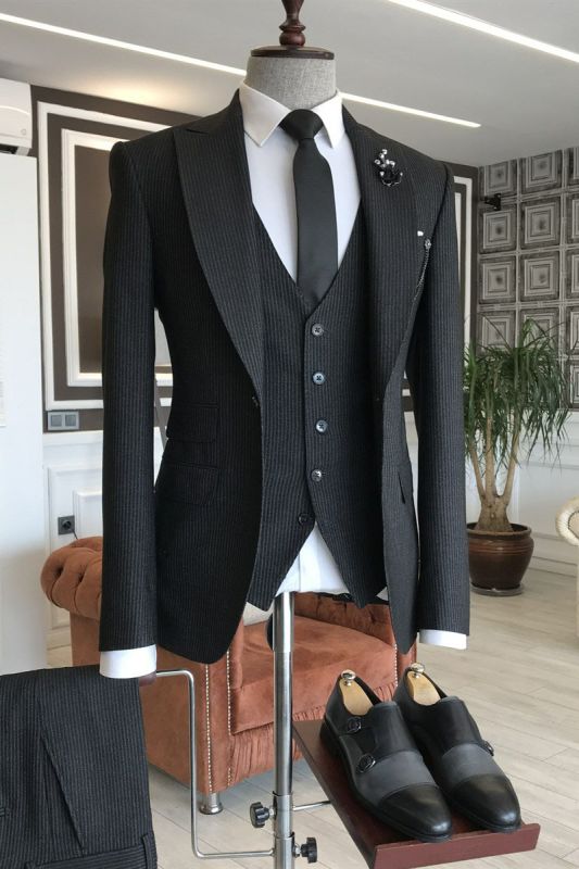 Devin Simple Black Velvet With Buttons Formal Business Slim Mens Suit