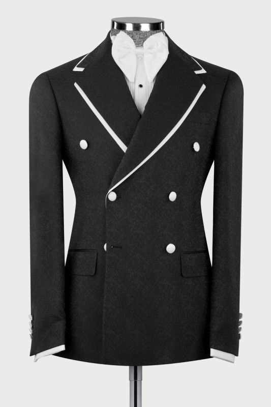 Helen Men’s Black Double-Breasted Jacquard Tuxedo Suit with White Piping for Formal Events