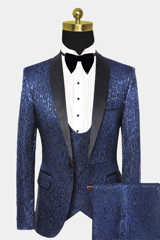 Gentle Dark Navy Damask Floral Mens Wedding Tuxedos Prom Suits with Black Satin Lapel