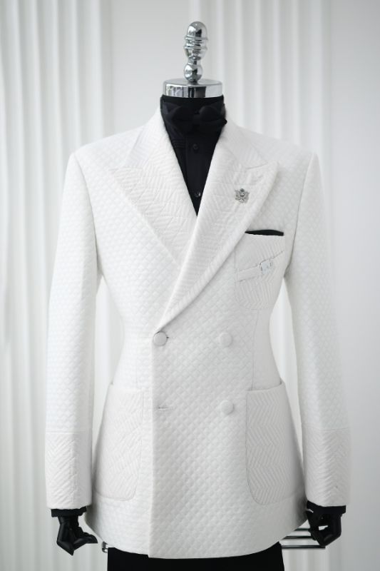 Men Two Piece White Quilted Double Breasted Blazer Slim Fit Custom Wedding Prom Formal Suit
