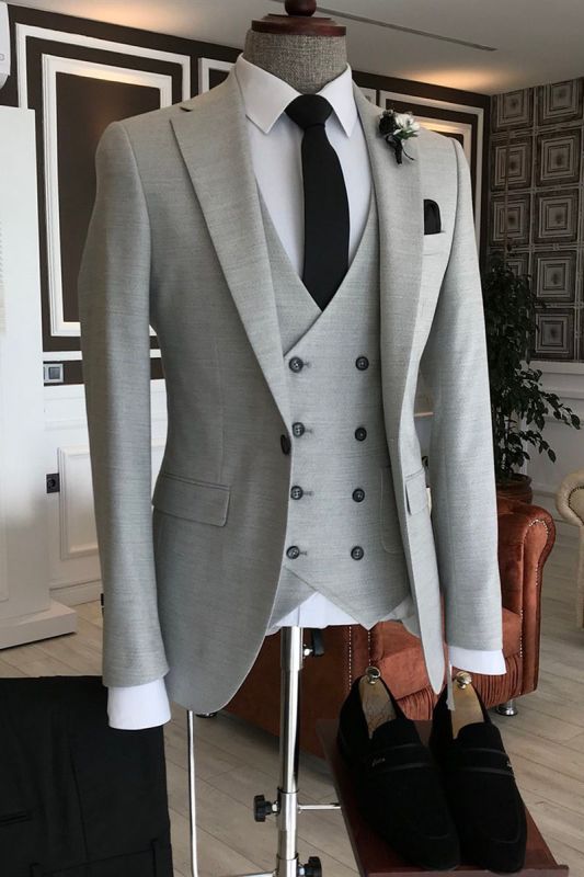 Men Formal Light Grey Three Piece Notched Lapel Double Breasted Vest Business Suit