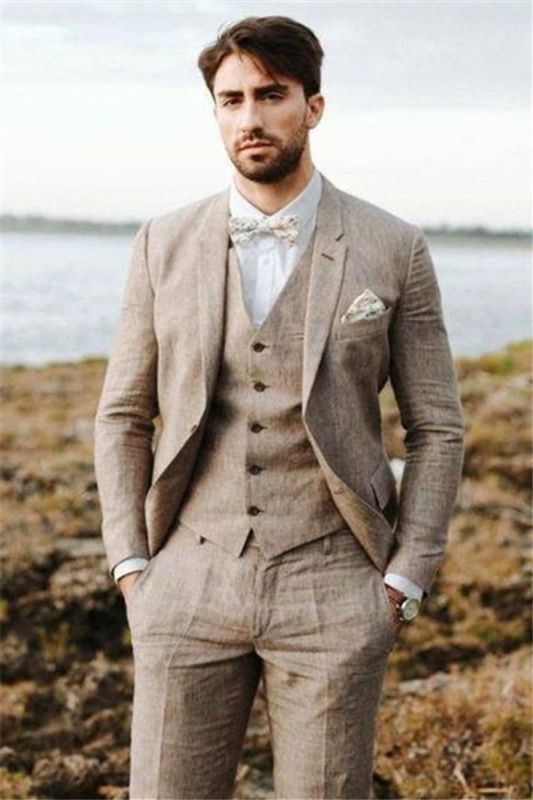 Khaki Linen Summer Beach Men Classic Suit | 2022 Groom Wedding Tuxedo Set Of 3