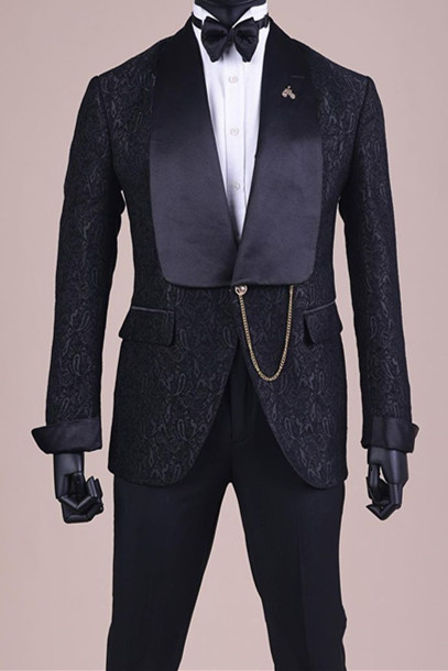 Bom Black Jacquard Shawl Lapel Wedding Groom Suit | Two Piece