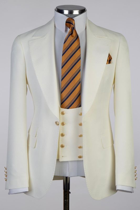 Cream White Mens Three Piece Formal Business Suit | With Gold Buttons