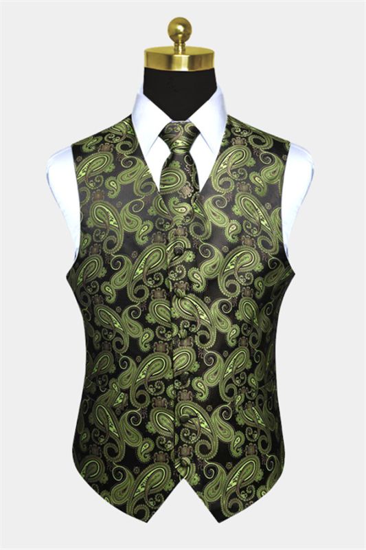 Stylish Olive Green Paisley Men Vest Set