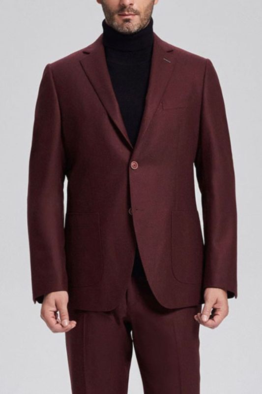 Unique Burgundy Solid Color Patch Pocket Chic Men Suits Sale