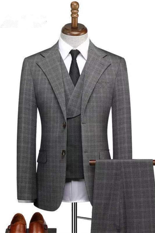 Zachariah Fashion Notched Lapel Plaid Three Piece Formal Business Mens Suit
