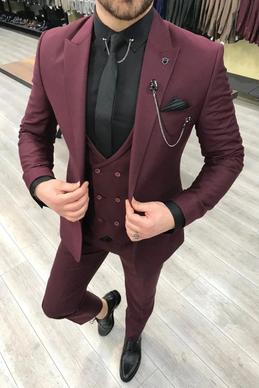 Burgundy Slim Fit Wool Blended Buttoned Men's Three Piece Prom Suit