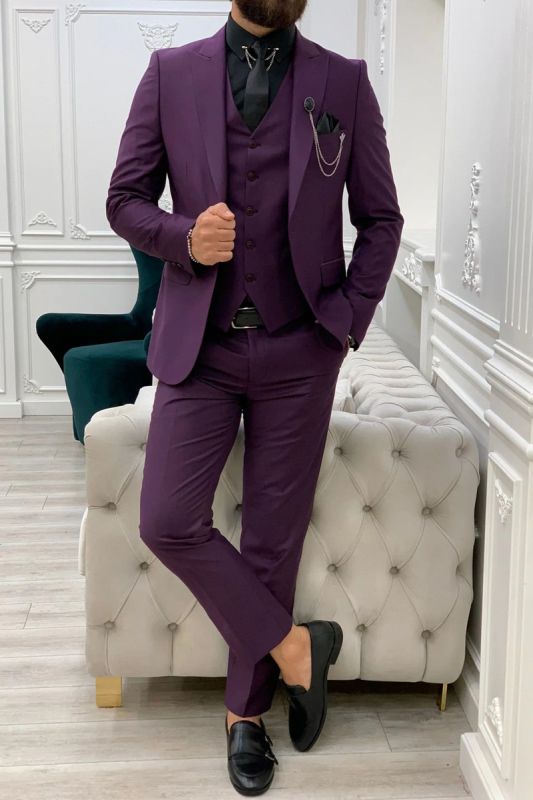 Purple Peak Collar Men's Slim Fit Three Piece Prom Suit