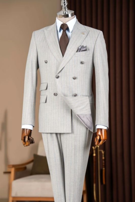 Men Light Grey Pinstripe Double Breasted Suit Custom Business Wedding Formal Two Piece Suit Set
