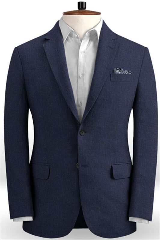 Dark Blue Linen Beach Groom Suit | Slim Fit Wedding Tuxedo