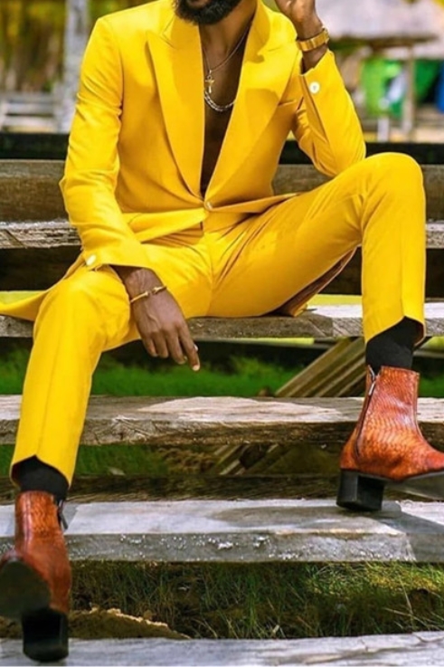 Ahmed Hot Yellow Pointed Lapel One Button Mens Fit Prom