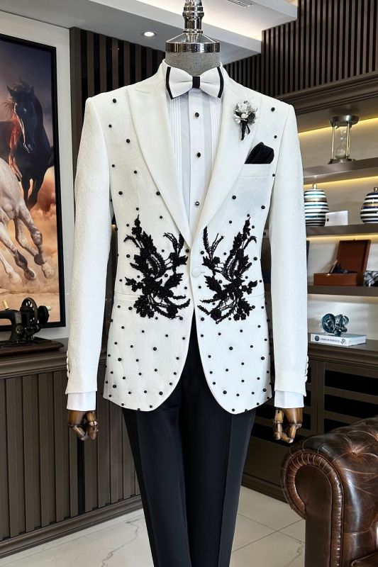 Brady Two Piece White Jacquard Black Pearls Lace Appliqués Popular Prom Suit