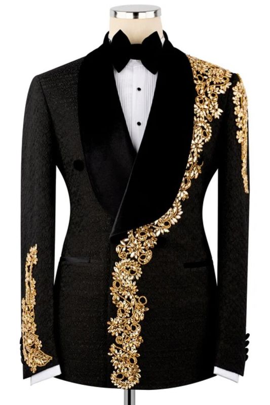 Black Jacquard Two Piece Tuxedo with Gold Floral Embroidery | Bradymensuit