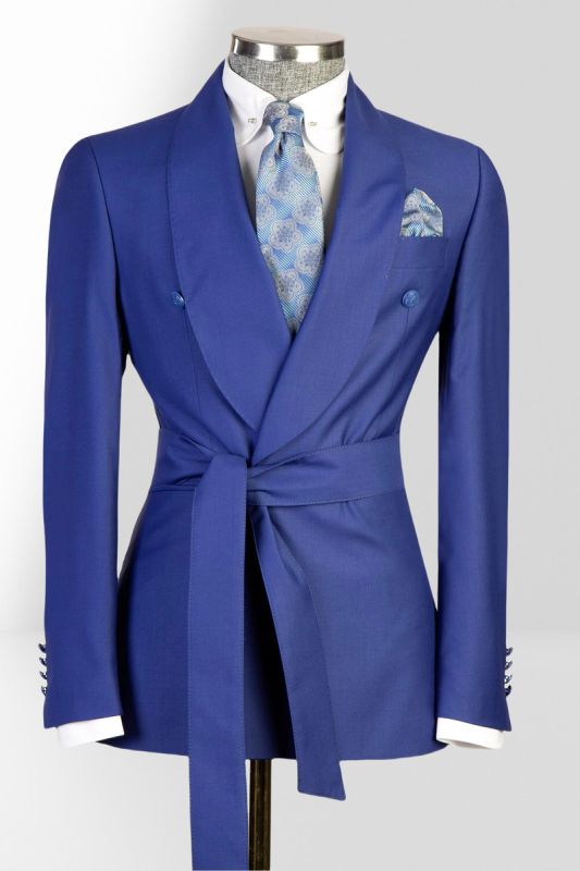 Medium Blue Slim Fit Double Breasted Shawl Collar Men Two Piece Tuxedo | With Belt