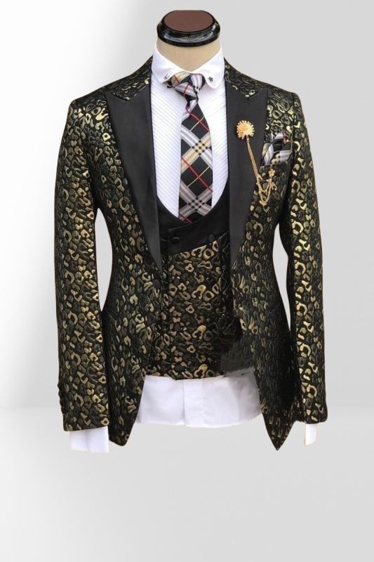 Black Peaked Lapel Collar Stitching Gold Leopard Jacquard Men Three Piece Suits