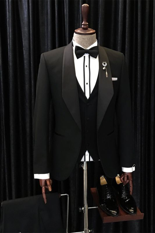 Anselm Sleek Black Shawl Lapel Three-Piece Wedding Suit