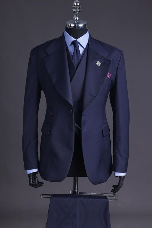 Men Navy Blue 3 Piece Wide Peak Lapel Business Suit Custom Formal Wedding Vest Pants Set