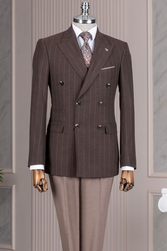 Gentlemen Double Breasted Chocolate Brown Pinstripe Two Pieces Business Suit