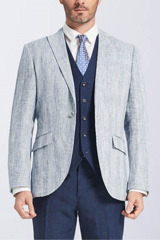 Peak Lapel Light Grey One Button Pure Linen Blazer