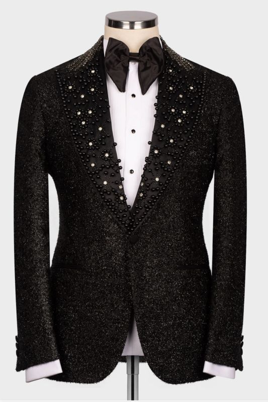 Shiny Slim  Beadings Crystals Black Two Piece Men Wedding Suit for Groom