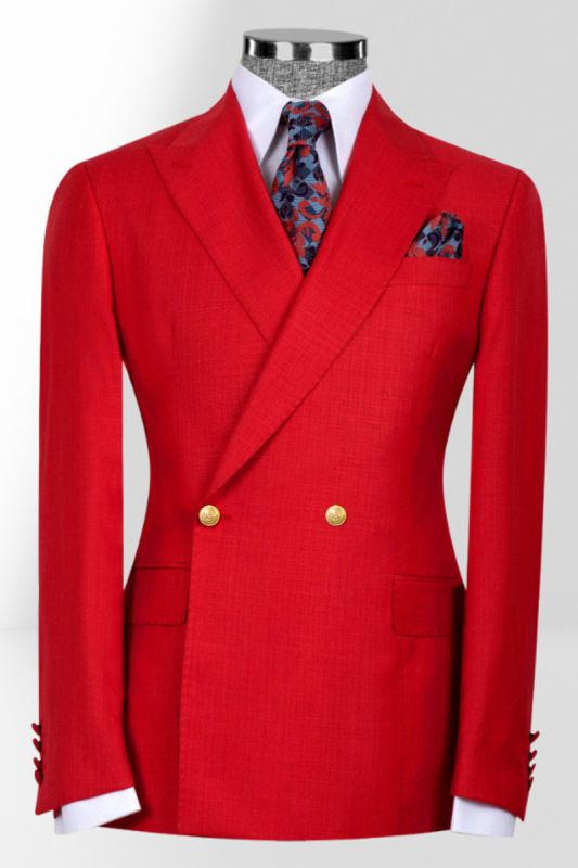 Formal Red Peak Collar Double Breasted Slim Fit Men Business Suit｜Metal Buttons