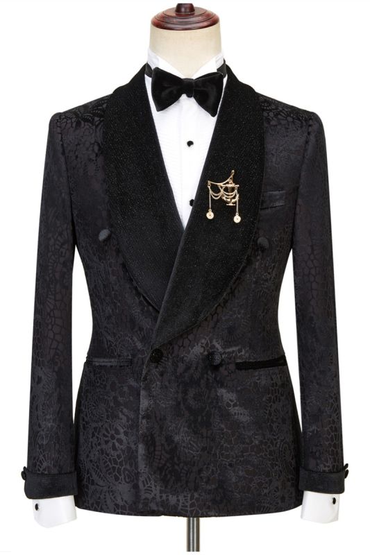 Alex Stylish Black Shawl Lapel Double Breasted Glitter Pattern Wedding Suit