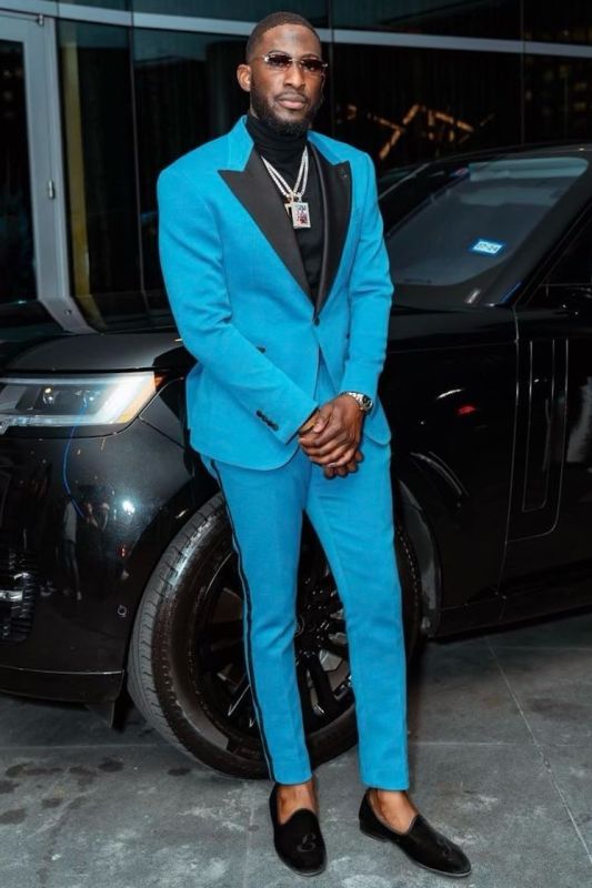 Anderson Sky Blue Close Fitting Two Pieces Prom Suits With Black Peaked Lapel